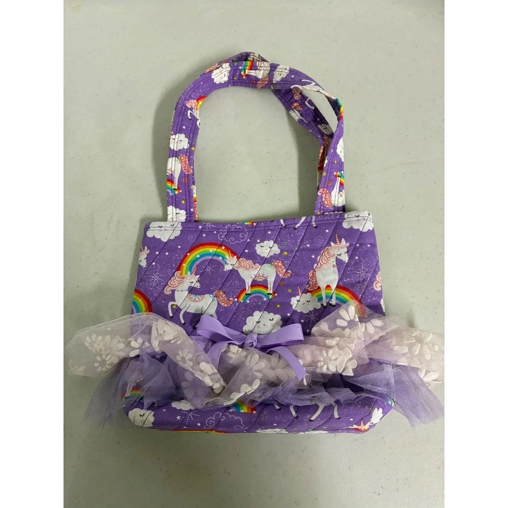 Handmade Girls Purple Quilted Unicorn Rainbow Tote Bag Tutu Lace Trim Purse‎